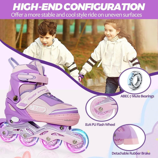 Verstelbare kinderen inline skates voor meisjes, 4-wielige inline skates voor kinderen en tieners met lichtgevende wielen voor sport, Roze Paars - happygetfit.com