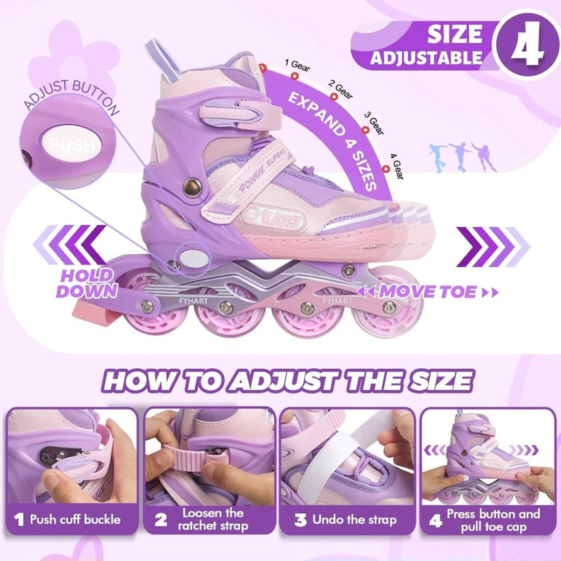 Laad afbeelding in Galerijviewer, Verstelbare kinderen inline skates voor meisjes, 4-wielige inline skates voor kinderen en tieners met lichtgevende wielen voor sport, Roze Paars - happygetfit.com
