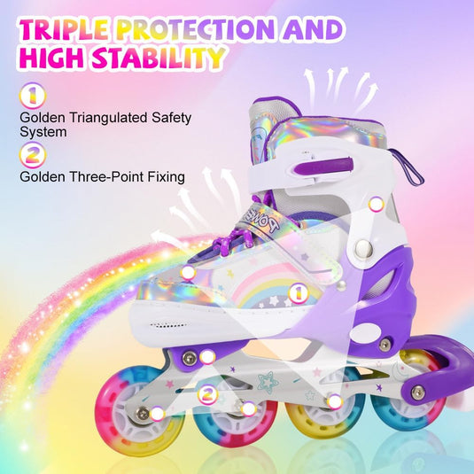 Verstelbare Kinderen inline skates voor Meisjes Beginners, Regenboog inline skates voor Kinderen en Tieners voor binnen en buiten sport Paars Regenboog - happygetfit.com