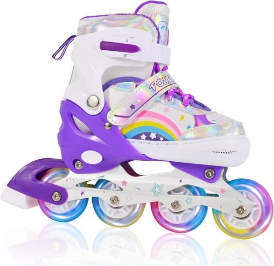 Verstelbare Kinderen inline skates voor Meisjes Beginners, Regenboog inline skates voor Kinderen en Tieners voor binnen en buiten sport Paars Regenboog - happygetfit.com