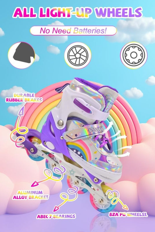 Verstelbare Kinderen inline skates voor Meisjes Beginners, Regenboog inline skates voor Kinderen en Tieners voor binnen en buiten sport Paars Regenboog - happygetfit.com