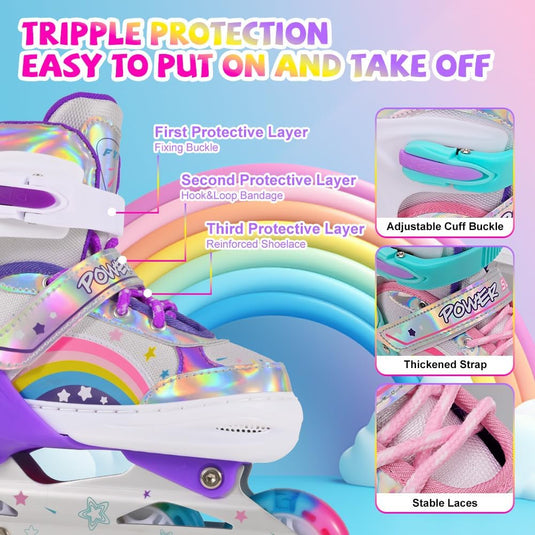 Verstelbare Kinderen inline skates voor Meisjes Beginners, Regenboog inline skates voor Kinderen en Tieners voor binnen en buiten sport Paars Regenboog - happygetfit.com