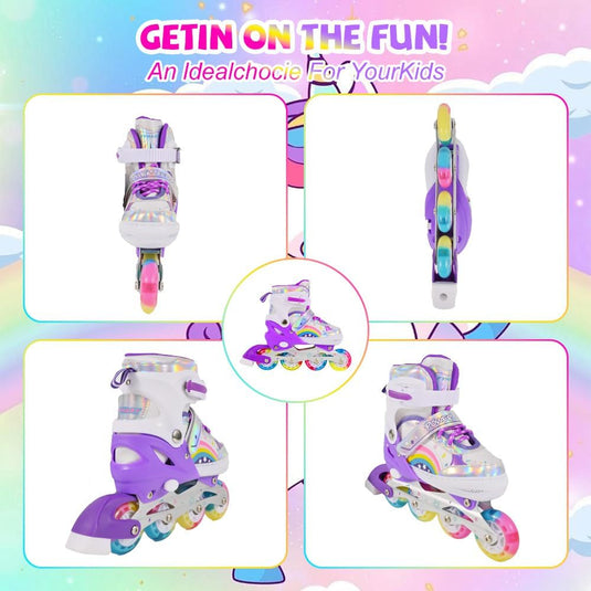 Verstelbare Kinderen inline skates voor Meisjes Beginners, Regenboog inline skates voor Kinderen en Tieners voor binnen en buiten sport Paars Regenboog - happygetfit.com