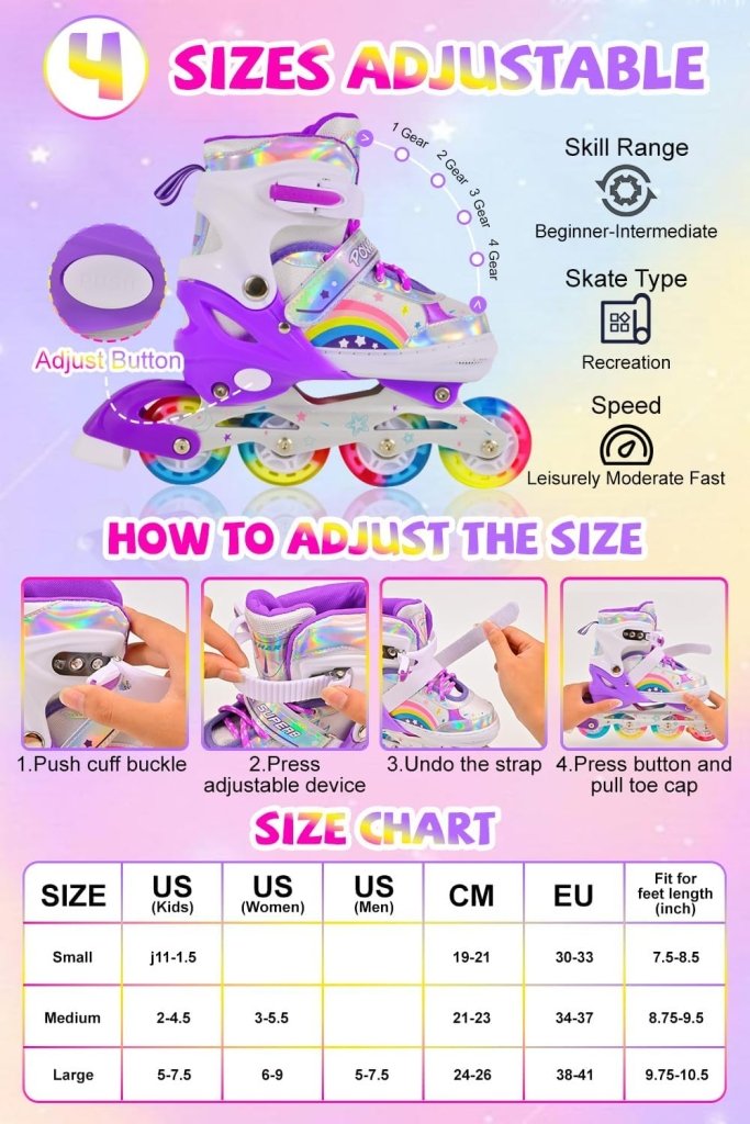 Laad afbeelding in Galerijviewer, Verstelbare Kinderen inline skates voor Meisjes Beginners, Regenboog inline skates voor Kinderen en Tieners voor binnen en buiten sport Paars Regenboog - happygetfit.com
