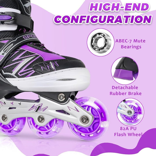 Verstelbare Kinderen inline skates voor Meisjes Jongens Beginners, Paars & Rood Inline skates voor Kinderen en Tieners met lichtgevende wielen voor binnen en buiten Sport - happygetfit.com