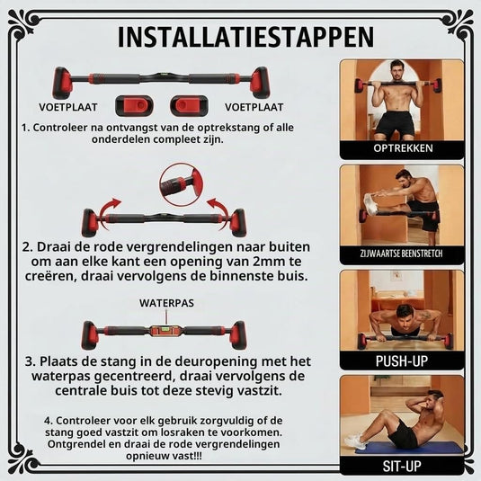 Verstelbare optrekstang voor deurkozijn zonder boren tot 250 kg – pull-up bar – krachttraining - happygetfit.com