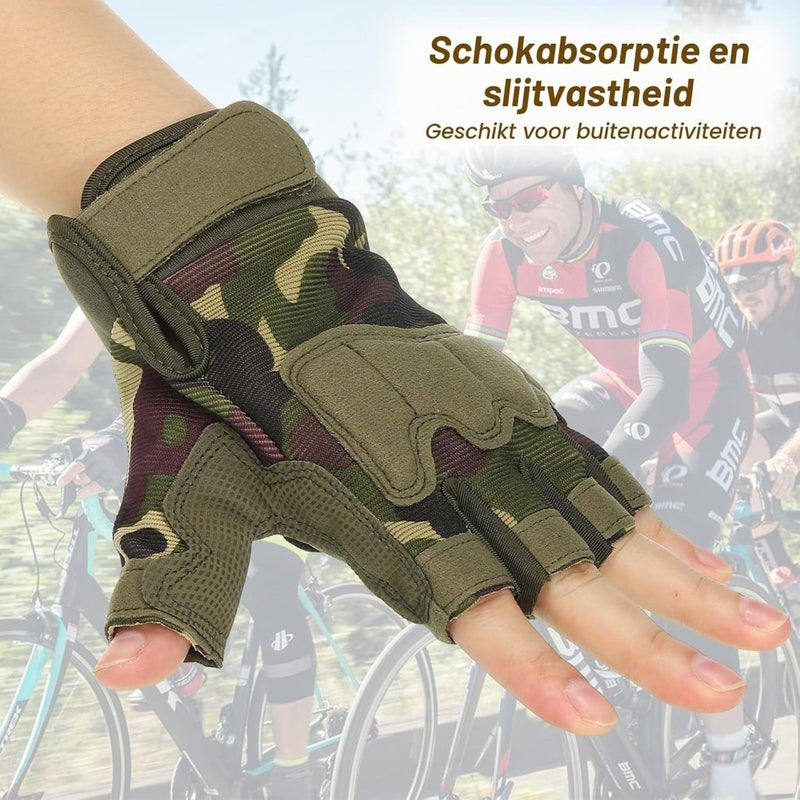 Laad afbeelding in Galerijviewer, Vingerloze sporthandschoenen heren maat L camouflage – halve vingerhandschoenen – fiets klim accessoires - happygetfit.com
