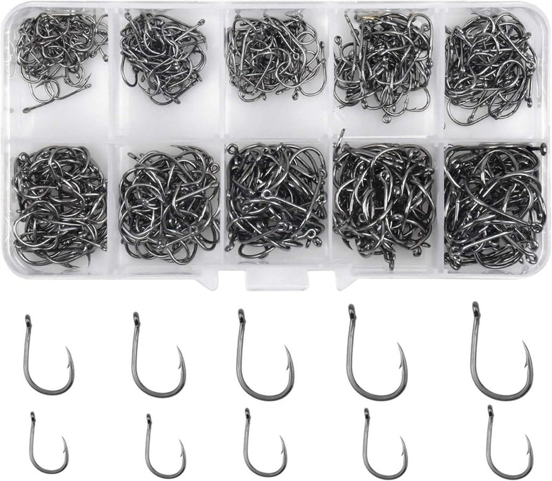 Carica l’immagine nel visualizzatore della galleria, Vishaken 500 stuks van koolstofstaal in 10 maten met weerhaken en opbergdoos – visaas haken – hengeluitrusting - happygetfit.com
