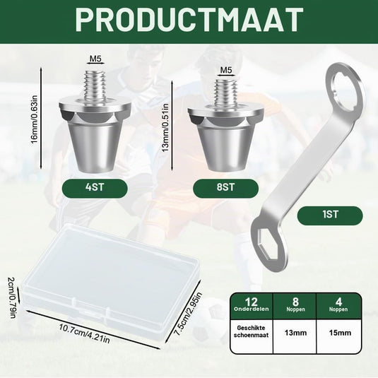 Voetbalnoppen 12 stuks van slijtvast kunststof met schroefdraad in 13 en 16 mm inclusief noppensleutel – schoennoppen – rugbynoppen - happygetfit.com