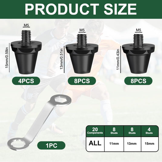 Voetbalnoppen 12 stuks van slijtvast kunststof met schroefdraad in 13 en 16 mm inclusief noppensleutel – schoennoppen – rugbynoppen - happygetfit.com