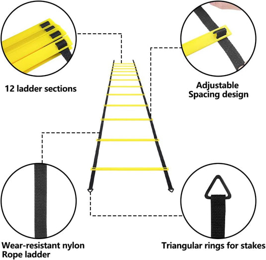 De set "Verbeter je spel met deze complete voetbaltrainingsaccessoireset" bevat een gele coördinatieladder met 12 secties, verstelbare tussenruimte, duurzaam nylon en driehoekige ringen voor palen om de behendigheid te vergroten.