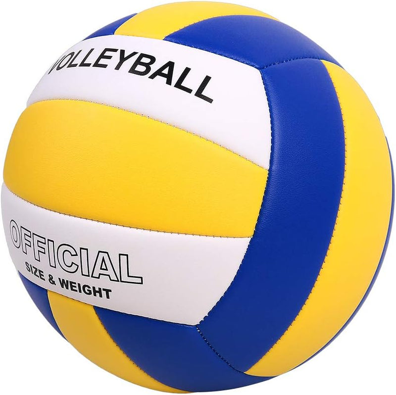 Load image into Gallery viewer, De premium volleybal in blauw, geel en wit heeft de kenmerken &quot;VOLLEYBAL&quot; en &quot;OFFICIËLE MAAT &amp; GEWICHT&quot;, gemaakt van duurzaam PU-leer voor topprestaties. Bekijk ons product: Verbeter jouw spel met onze premium volleybal maat 5!.
