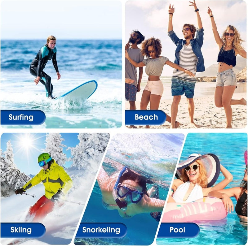 Load image into Gallery viewer, Een levendige collage van vijf afbeeldingen: surfen, vrienden op het strand, skiën, snorkelen met de IPX8-certificering certificering &quot;Bescherm je telefoon met onze stofzuiger telefoonhoes!&quot; en ontspannen in een zwembad.
