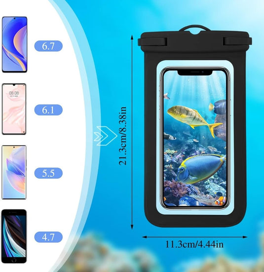 Onze "Bescherm je telefoon" case is zwart en waterdicht, meet 21,3cm x 11,3cm en is geschikt voor telefoons van 4,7-6,7 inch met de maten links. Het heeft een onderwatervis afbeelding, is gemaakt van duurzaam materiaal en heeft IPX8-certificering voor bescherming.