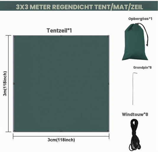 Waterdicht tentzeil 3 x 3 meter van 210D polyester met 8 haringen en scheerlijnen – kampeertarp – hangmatbescherming - happygetfit.com