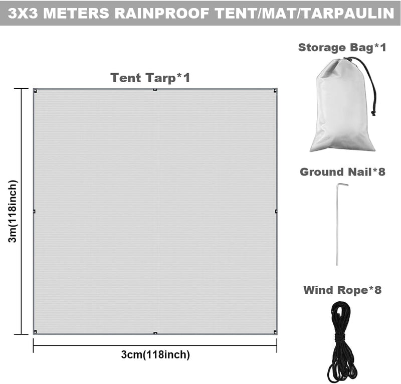 Carica l’immagine nel visualizzatore della galleria, Waterdicht tentzeil 3 x 3 meter van 210D polyester met 8 haringen en scheerlijnen – kampeertarp – hangmatbescherming - happygetfit.com
