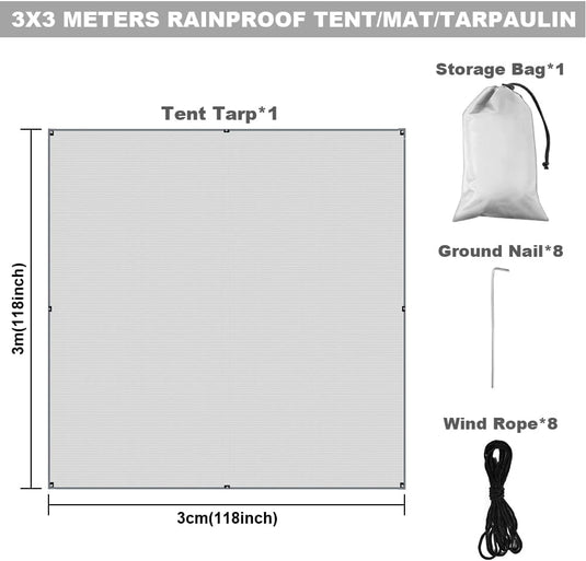 Waterdicht tentzeil 3 x 3 meter van 210D polyester met 8 haringen en scheerlijnen – kampeertarp – hangmatbescherming - happygetfit.com
