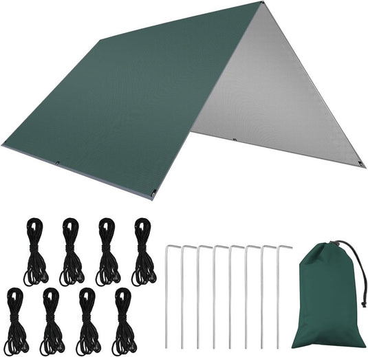 Waterdicht tentzeil 3 x 3 meter van 210D polyester met 8 haringen en scheerlijnen – kampeertarp – hangmatbescherming - happygetfit.com