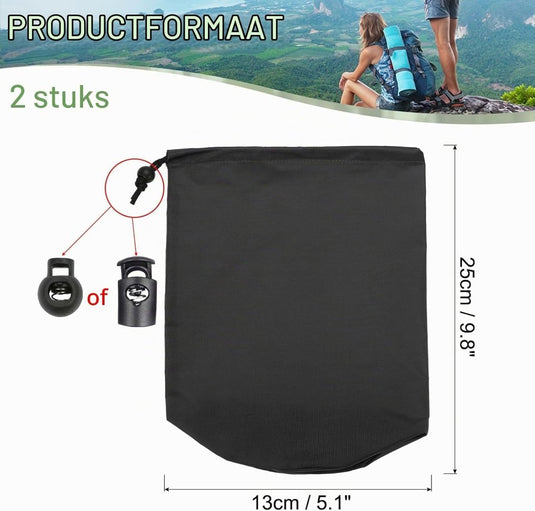 Waterdichte opbergzakken 2 stuks 13 x 25 cm met trekkoord donkergrijs – stuff sacks – camping accessoires - happygetfit.com
