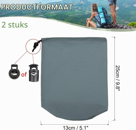 Waterdichte opbergzakken 2 stuks 13 x 25 cm met trekkoord donkergrijs – stuff sacks – camping accessoires - happygetfit.com