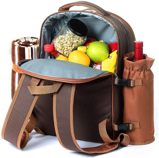 Waterdichte Picknickrugzak Voor 4 Personen Met Bestek, Koelvak, Afneembare Fles/Wijnhouder, Fleece Deken, Platen Voor Picknicktijd (Grijs) - happygetfit.com