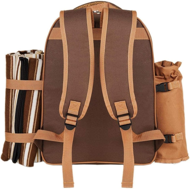 Load image into Gallery viewer, Brown Picknickrugzak met tan straps, verkort door een opgerolde dubbele mat links en een cilindrische tan tas rechts, biedt een luxe ontwerp voor de perfecte picknickervaring.
