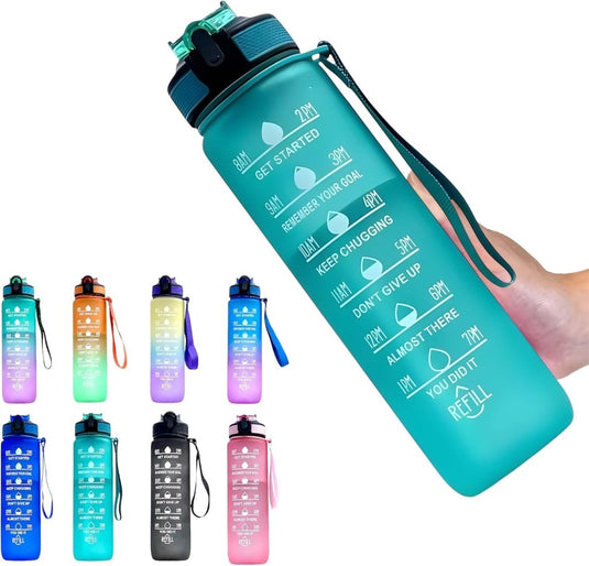 Waterfles met rietje en tijdmarkering 1 liter - happygetfit.com
