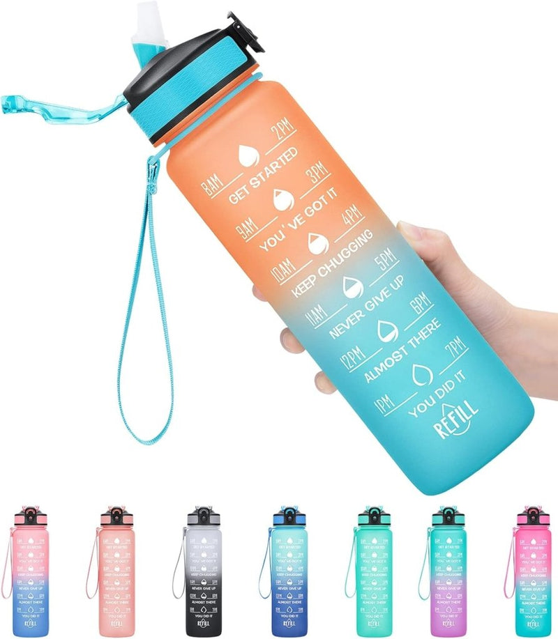 Laad afbeelding in Galerijviewer, Waterfles met rietje - Grote 1 liter BPA-vrije sportwaterfles met tijdmarkeringen - Lekvrij voor sportschool met filter - happygetfit.com
