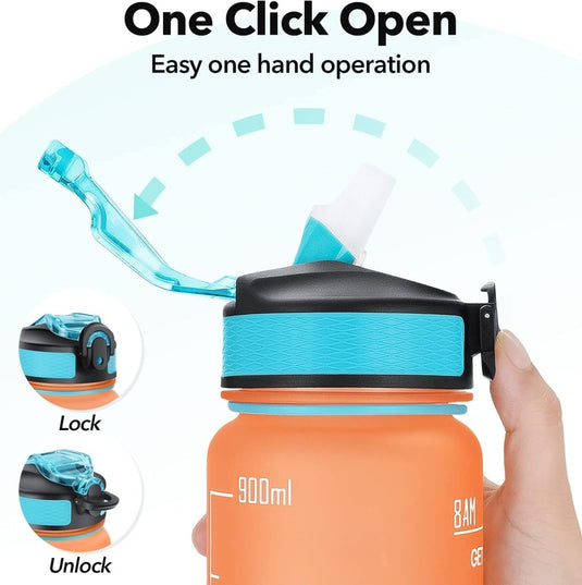 Waterfles met rietje - Grote 1 liter BPA-vrije sportwaterfles met tijdmarkeringen - Lekvrij voor sportschool met filter - happygetfit.com