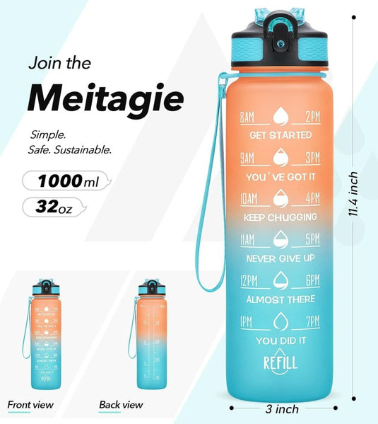 Waterfles met rietje - Grote 1 liter BPA-vrije sportwaterfles met tijdmarkeringen - Lekvrij voor sportschool met filter - happygetfit.com