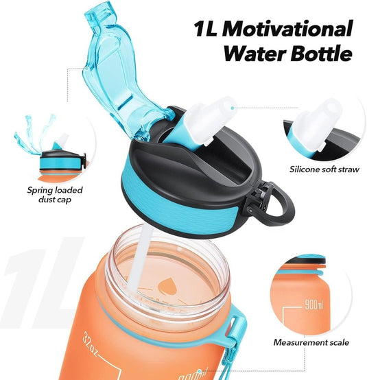 Waterfles met rietje - Grote 1 liter BPA-vrije sportwaterfles met tijdmarkeringen - Lekvrij voor sportschool met filter - happygetfit.com