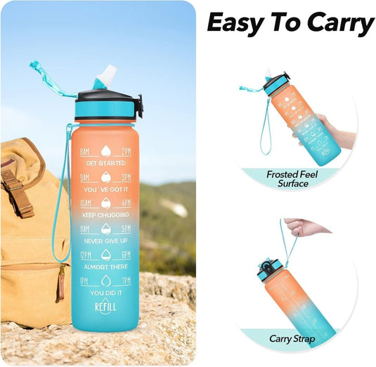 Waterfles met rietje - Grote 1 liter BPA-vrije sportwaterfles met tijdmarkeringen - Lekvrij voor sportschool met filter - happygetfit.com