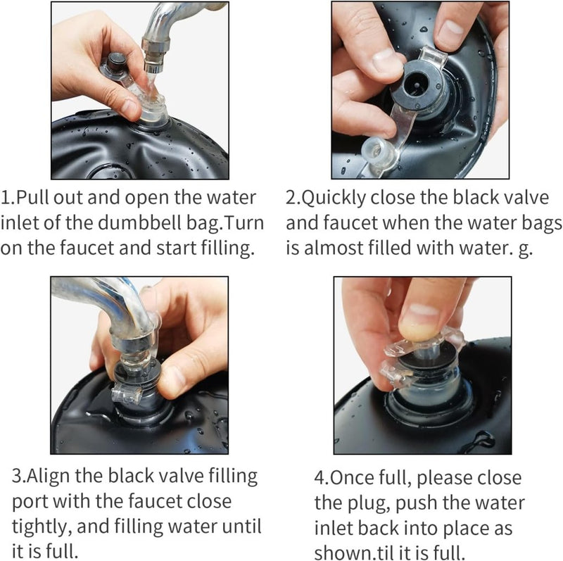 Laad afbeelding in Galerijviewer, Om uw Ultieme waterhalterset te vullen: open de inlaat, gebruik een kraan om water toe te voegen voor een verstelbaar gewicht, sluit de klep goed en sluit de plug af als deze vol is. Het draagbare ontwerp maakt het perfect voor thuis- of reistrainingen.
