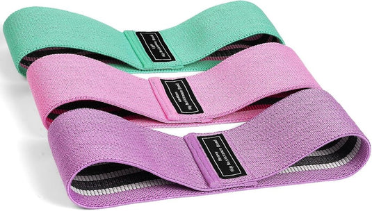 Weerstandsbanden van stof 3 stuks met lichte middelzware en zware weerstand voor benen en billen – fitnesselastieken – booty bands - happygetfit.com