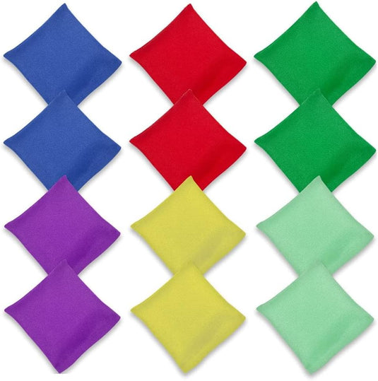 Werpspel zakjes voor kinderen 12 stuks van polyester met kleikorrels 7,5 x 7,5 cm voor buitenspellen – pittenzakjes – mikspel - happygetfit.com