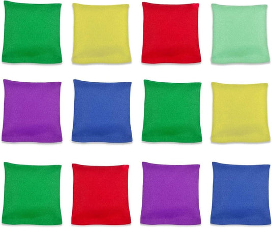 Werpspel zakjes voor kinderen 12 stuks van polyester met kleikorrels 7,5 x 7,5 cm voor buitenspellen – pittenzakjes – mikspel - happygetfit.com