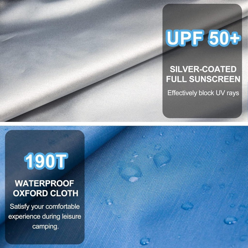 Laad afbeelding in Galerijviewer, Boven: Zilveren stof met de tekst &quot;UPF 50+ Silver-Coated Full Sunscreen&quot;. Onder: Blauwe 190T Oxford-stof met waterdruppels die de water- en winddichte eigenschappen laten zien. Ideaal als ultralichte draagbare tent voor twee, getiteld &quot;Ontsnap naar de natuur met onze werptent voor 2 personen!.
