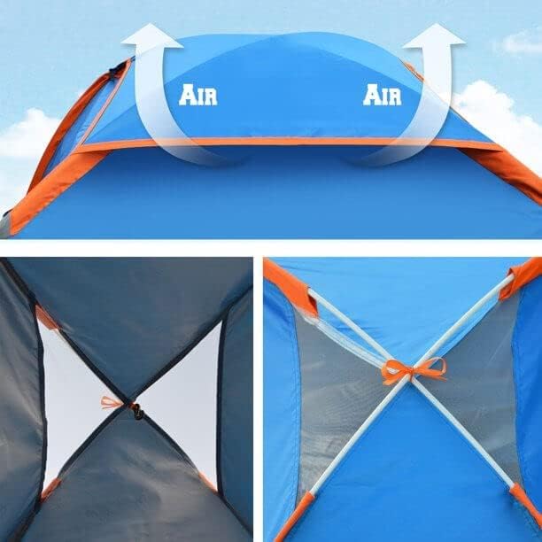 Load image into Gallery viewer, Collage van een blauw-oranje tent met het opschrift &quot;Ontsnap naar de natuur met onze werptent voor 2 personen!&quot; met luchtstroompijlen bovenaan. Het bevat close-ups van de kruisframestructuur en ventilatieopeningen, die het ultralichte, draagbare, waterdichte en winddichte ontwerp benadrukken.
