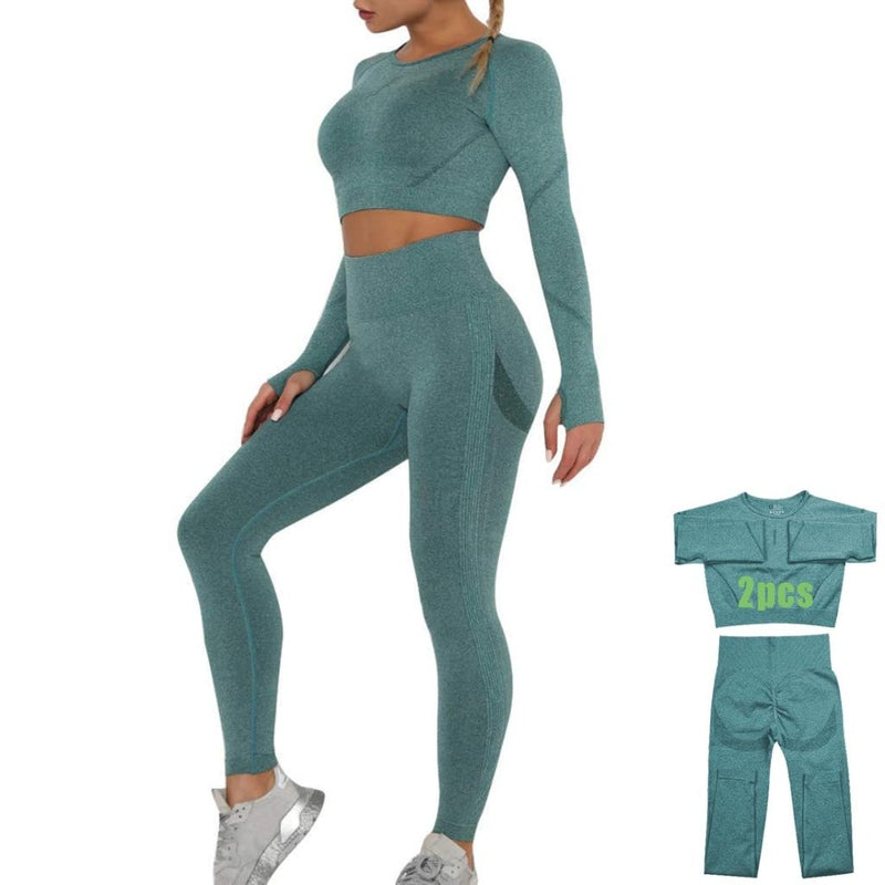 Laad afbeelding in Galerijviewer, Workout Sets for Women 2 Piece Long Sleeve Yoga Outfits Seamless Ribbed Crop Top High Waist Legging - happygetfit.com
