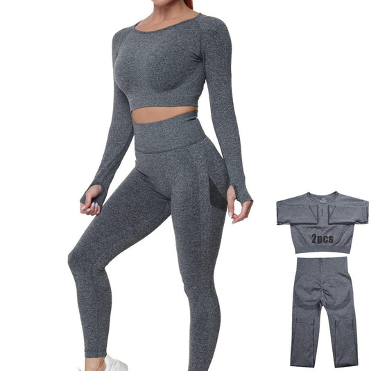 Workout Sets for Women 2 Piece Long Sleeve Yoga Outfits Seamless Ribbed Crop Top High Waist Legging - happygetfit.com