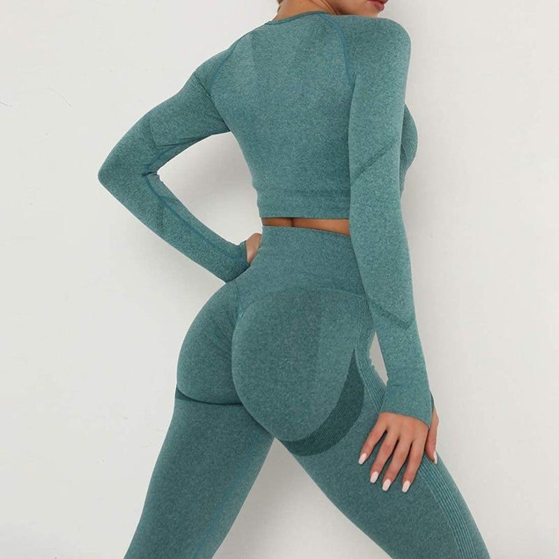 Laad afbeelding in Galerijviewer, Workout Sets for Women 2 Piece Long Sleeve Yoga Outfits Seamless Ribbed Crop Top High Waist Legging - happygetfit.com
