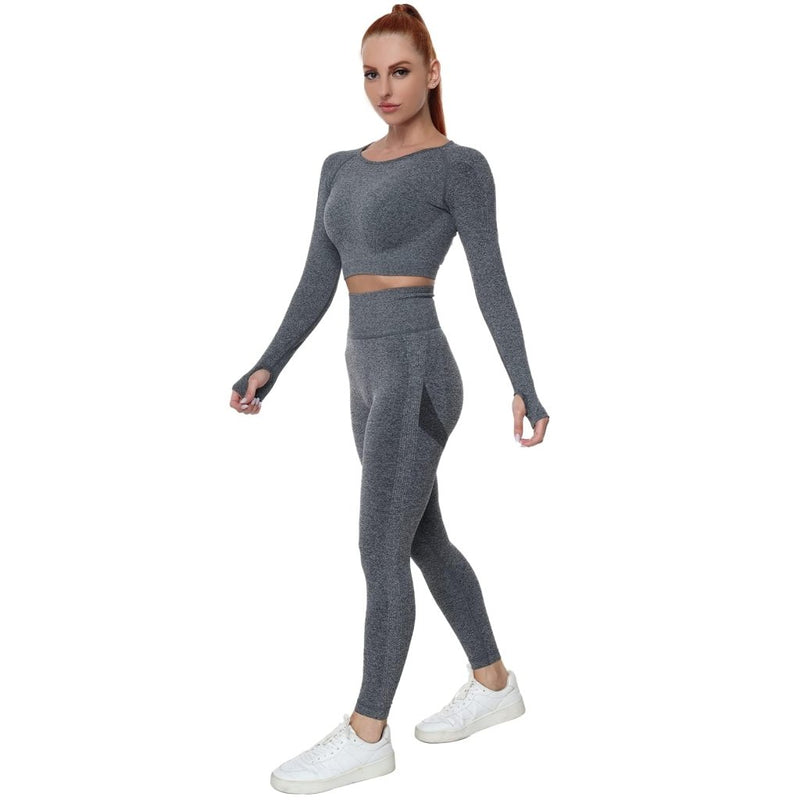 Laad afbeelding in Galerijviewer, Workout Sets for Women 2 Piece Long Sleeve Yoga Outfits Seamless Ribbed Crop Top High Waist Legging - happygetfit.com
