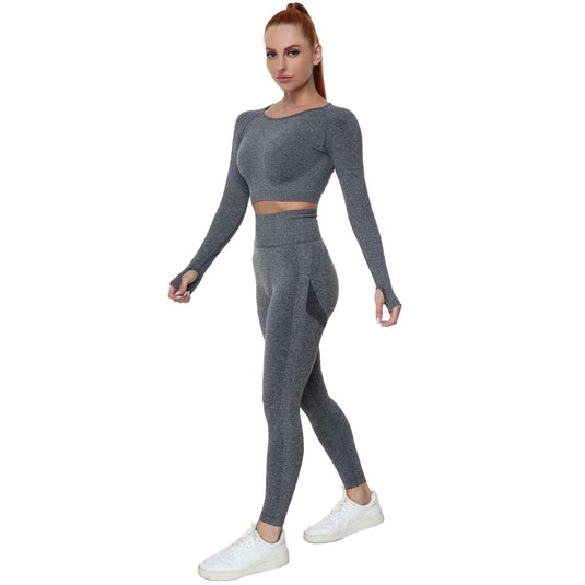 Workout Sets for Women 2 Piece Long Sleeve Yoga Outfits Seamless Ribbed Crop Top High Waist Legging - happygetfit.com