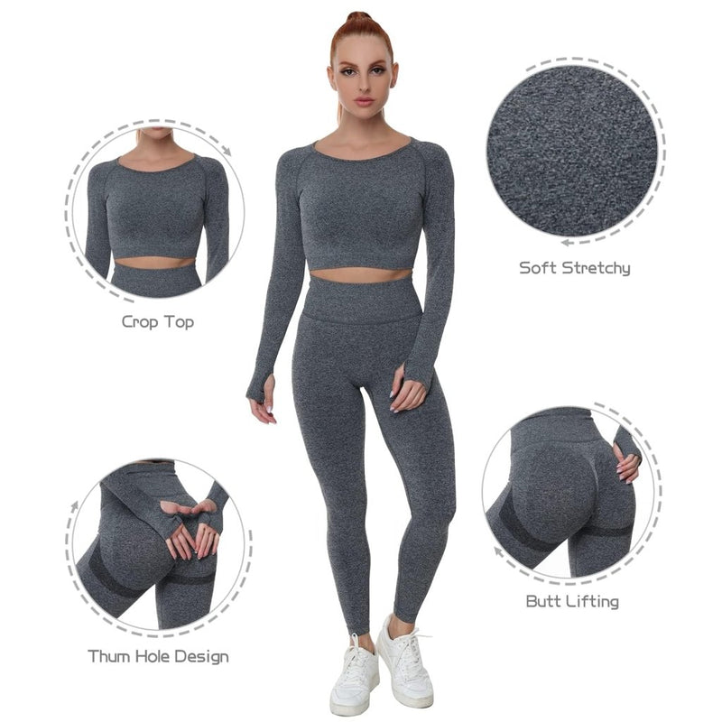 Laad afbeelding in Galerijviewer, Workout Sets for Women 2 Piece Long Sleeve Yoga Outfits Seamless Ribbed Crop Top High Waist Legging - happygetfit.com

