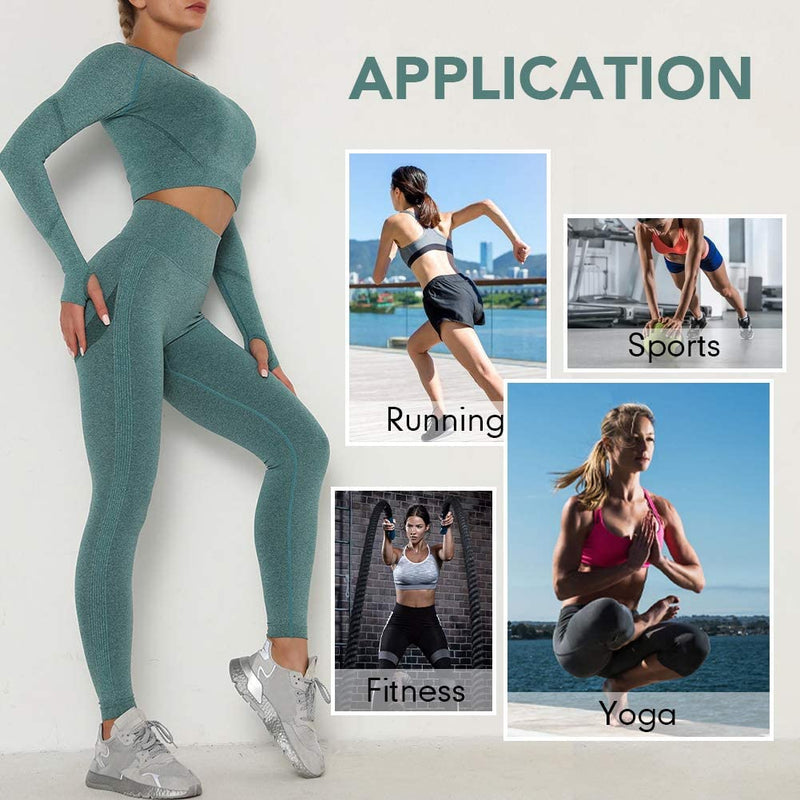 Laad afbeelding in Galerijviewer, Workout Sets for Women 2 Piece Long Sleeve Yoga Outfits Seamless Ribbed Crop Top High Waist Legging - happygetfit.com
