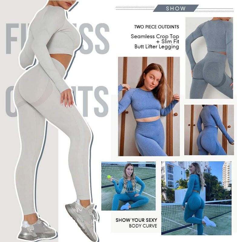 Laad afbeelding in Galerijviewer, Workout Sets for Women 2 Piece Long Sleeve Yoga Outfits Seamless Ribbed Crop Top High Waist Legging - happygetfit.com
