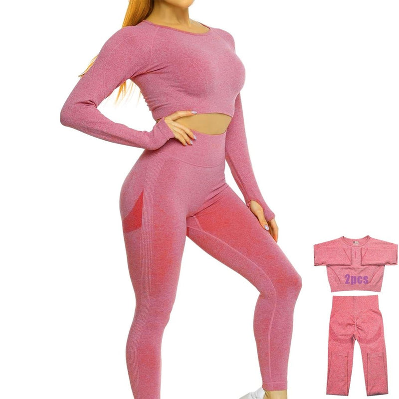 Laad afbeelding in Galerijviewer, Workout Sets for Women 2 Piece Long Sleeve Yoga Outfits Seamless Ribbed Crop Top High Waist Legging - happygetfit.com
