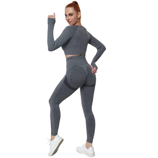 Workout Sets for Women 2 Piece Long Sleeve Yoga Outfits Seamless Ribbed Crop Top High Waist Legging - happygetfit.com