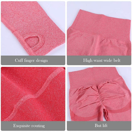 Workout Sets for Women 2 Piece Long Sleeve Yoga Outfits Seamless Ribbed Crop Top High Waist Legging - happygetfit.com
