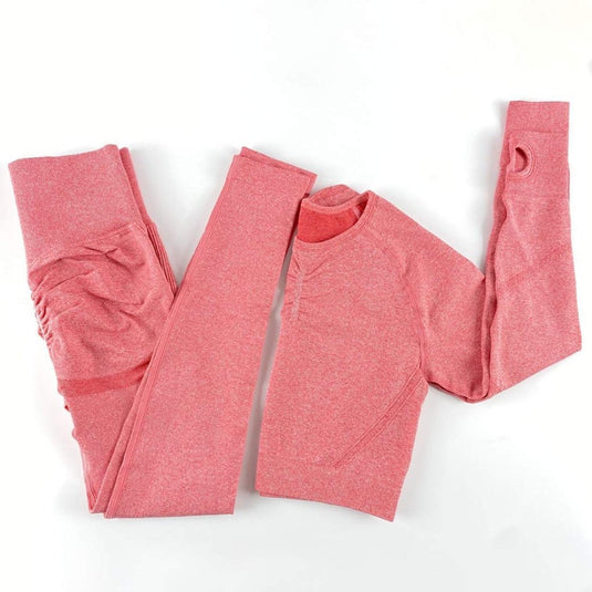 Workout Sets for Women 2 Piece Long Sleeve Yoga Outfits Seamless Ribbed Crop Top High Waist Legging - happygetfit.com